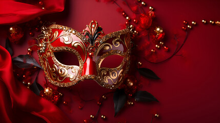 A carnival mask adorned with golden beads set against a vibrant red background