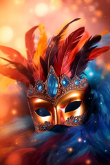 A golden carnival mask featuring colorful feathers, set against a bokeh background, Mardi Gras