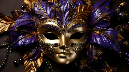 A luxurious gold masquerade mask adorned with purple feathers, perfect for Mardi Gras celebrations