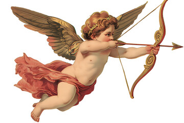 Cupid flying overhead shooting his arrow vintage illustration isolated on transparent background