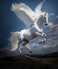 Obraz na płótnie Canvas AI generated illustration of a majestic white horse with wings soaring above a mountain range