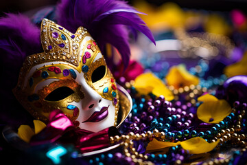 A bright carnival mask adorned with colorful feathers and beads, perfect for Mardi Gras festivities