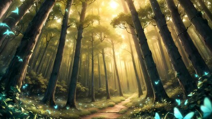 AI generated illustration of a lush forest full of towering trees with a plethora of i butterflies