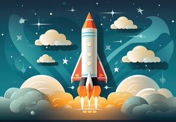 Illustration of a space rocket with smoke trails and stars - obrazy, fototapety, plakaty