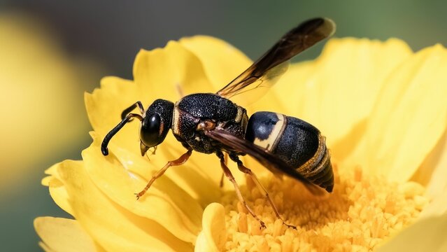 Side view of a stout black and yellow Potter Mason Wasp feeding on a yellow garland daisy flower.