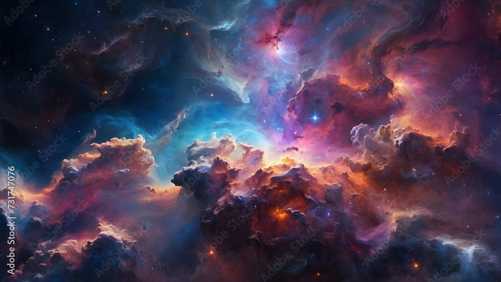 Poster In the cosmic macrocosm, an ethereal composition unfolds, merging mystical plasma with starry fractals, evoking the infinite mysteries of the universe.