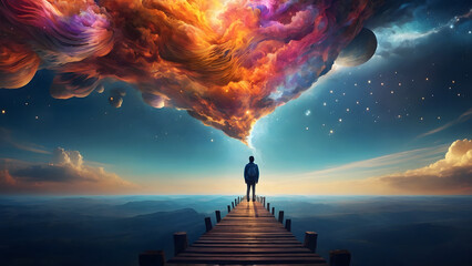 Amidst the cosmic canvas, aa man standing on a wooden platform looking at a colorful cloud, merging imagination with the surreal beauty of the universe. - obrazy, fototapety, plakaty