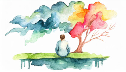 Watercolor image of a young person with depression, conceptual image