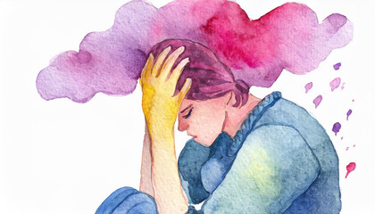 Watercolor image of a young person with depression, conceptual image