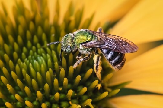 A bicolored metallic green sweat bee (Agapostemon virescens) on a yellow echinacea cone flower.