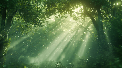 A forest covered in a light mist, with sun rays penetrating through the branches, creating a magical and mysterious atmosphere