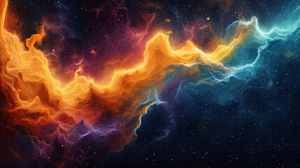 dynamic depiction of the cosmos in motion, featuring vibrant nebulae, dynamic galaxies, and cascading star-fields, with a sense of energy, Artwork, and mixed media combining digital painting