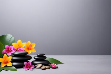 Spa gray background with massage stones, exotic flowers and copy space.
