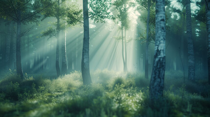 A forest covered in a light mist, with sun rays penetrating through the branches, creating a magical and mysterious atmosphere