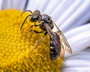 Macro of a Dark Sweat Bee (Lasioglossum) pollinating and feeding on a yellow Montauk daisy flower