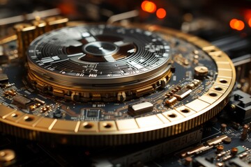 Close-up high quality image of shiny gold bitcoin with glowing reflection for cryptocurrency concept