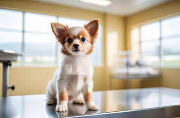 A small breed dog sits on a table in a veterinary clinic. Concept of medicine. Animal hospital