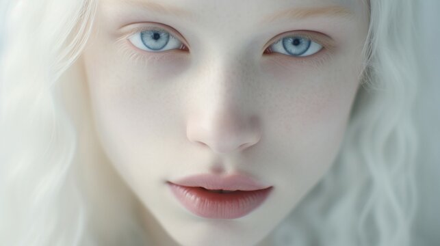 Close-up portrait of a beautiful young albino blonde. Emphasizing the concept of the diversity of human beauty.