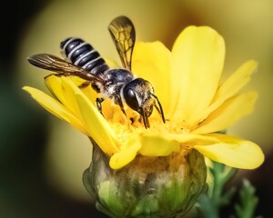 Macro of a Megachile leafcutter bee on a yellow daisy flower
