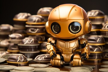 Adorable small robot holding bitcoin, perfect image for tech, cryptocurrency, and investing concepts