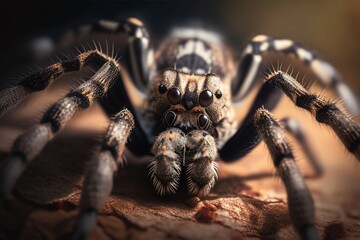 AI generated illustration of a close-up of a large spider walking along a wooden floor - obrazy, fototapety, plakaty