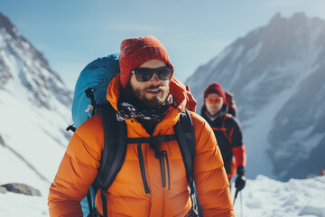 Fototapeta na wymiar Winter time active sports hikers climbing high mountains Generative AI beautiful landscape