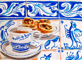 Sketch at Portugal cafe pastel de nata desserts and coffee hand drawn illustration in sketchbook