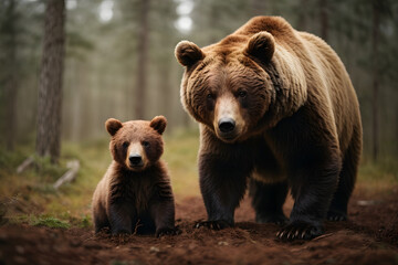 Brown bear mother with baby bear in the woods photoshoot background wallpaper