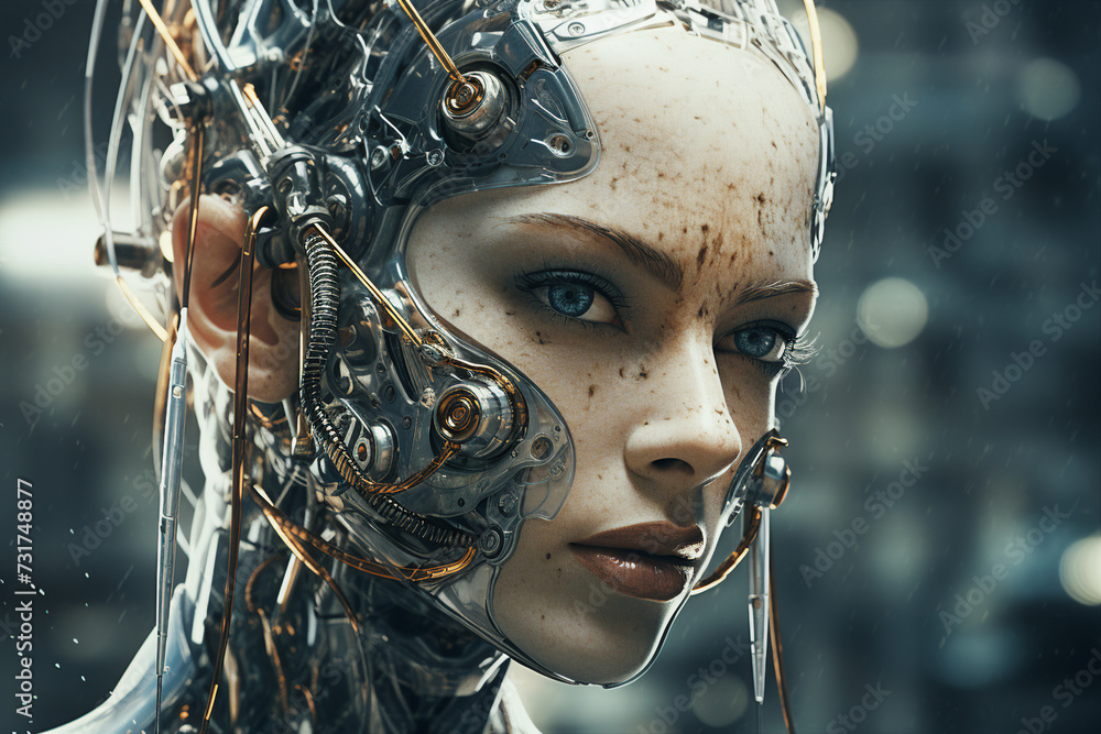 Poster robot with integrated artificial intelligence on futuristic background created with generative ai