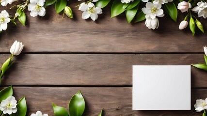 White sheet of paper on a wooden background decorated with white flowers and green leaves