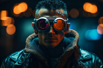 Generative ai picture of humanoid robot with connected glasses in dark cyberpunk city