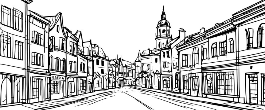 Urban sketch with landscape of the old European city. Prague, Old street and archway in hand drawn style on white background. Vector illustration