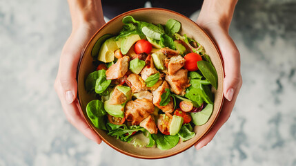 Hands Holding Fresh Salmon Salad Bowl - Healthy Eating Concept
