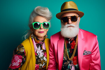 Obraz premium Elderly happy couple enjoying life together styling clothes family portrait Generative AI technology picture image