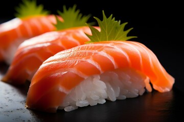AI-generated illustration of a plate of sushi featuring a piece of fresh salmon