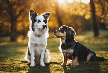 AI generated illustration of two domestic canines sitting side by side in a grassy field