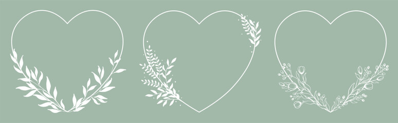 Set of of white heart-shaped frames on a green background. Heart-shaped frames with floral decor. Flowers and twigs on the frames. Vector design elements for invitations and holiday cards.