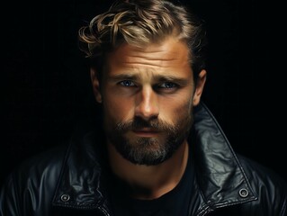 Obraz premium a man wearing black leather looking into the camera lens, wearing a leather jacket