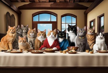 AI generated illustration of a group of cats gathering around a dinner table with an array of food