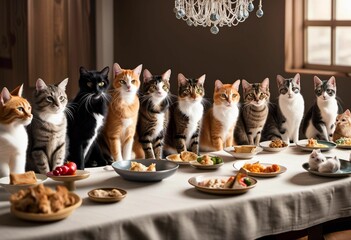 AI generated illustration of a group of cats gathering around a dinner table with an array of food - obrazy, fototapety, plakaty