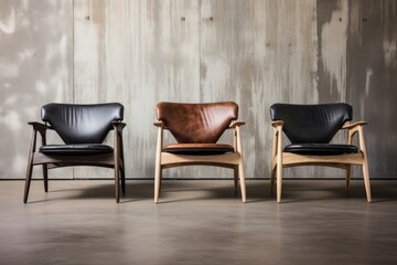 Classic scandinavian mid century modern wood and leather chairs. Retro furniture