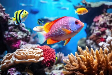 Obraz premium Fish over a coral reef in the sea.