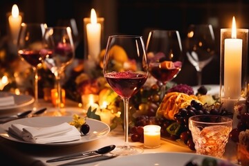 Naklejka premium Wine glasses and elegant and selected decoration on the restaurant table romantic atmosphere, dining menu for guests