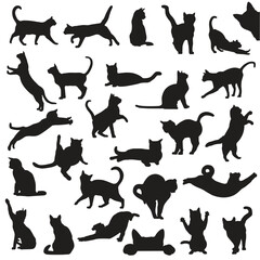 Collection of cats silhouettes vector illustrations, diverse poses, sitting, standing, walking, jumping. Black silhouettes on white background. pet design