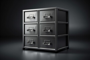 File cabinet, office archive storage with drawers for documents, paper data, library or registry cards. Metal cabinet for paperwork organization
