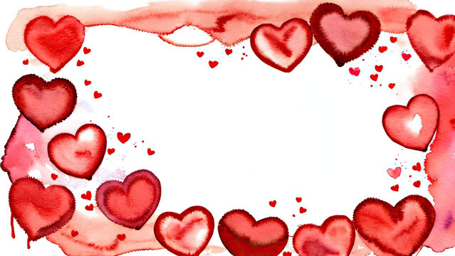 A red frame with hearts for the Valentine's Day holiday. High quality photo A red frame with hearts for the Valentine's Day holiday. A thin frame in watercolor technique. Illustration. there is a