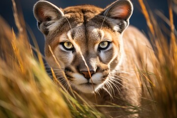 Young cougar crouched in tall grass