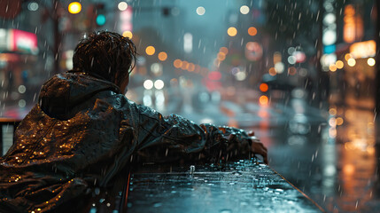 An Asian Man Stands with Arms Outstretched in the Rainy Streets of Tokyo, Finding Joy and Freedom Amidst the Urban Melancholy of the Wet Cityscape - obrazy, fototapety, plakaty