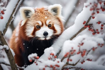 Obraz premium Red panda in snow covered tree