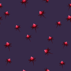 Minimalist seamless pattern with abstract artistic buds rose, rosebuds. Stylized red simple tiny flowers printing on a dark blue background.Vector hand drawn sketch.Template for designs, collage